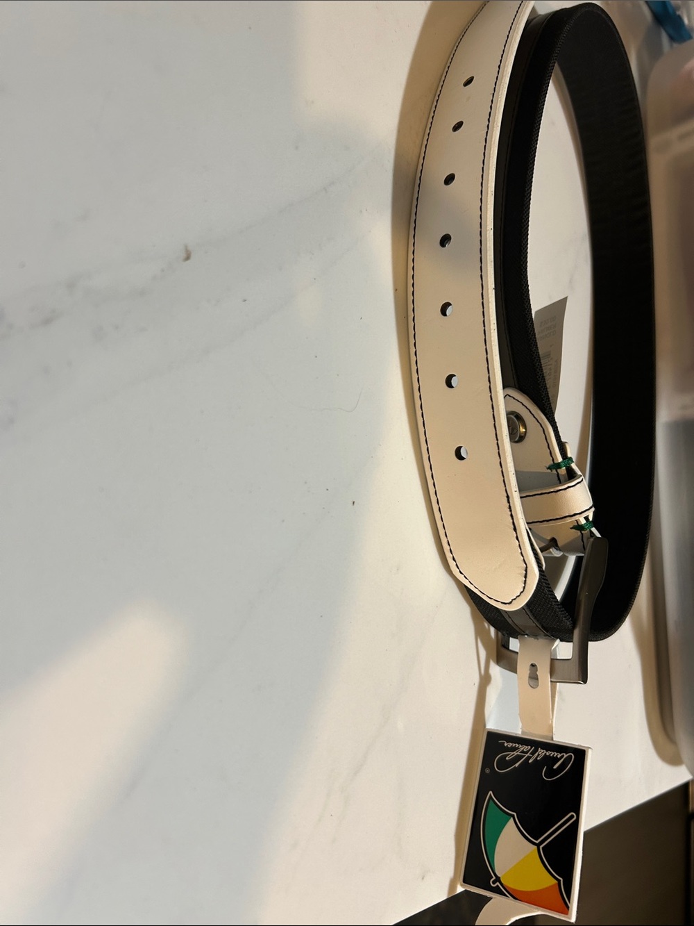 Cream and Black Leather Reversible Belt with Umbrella Accent